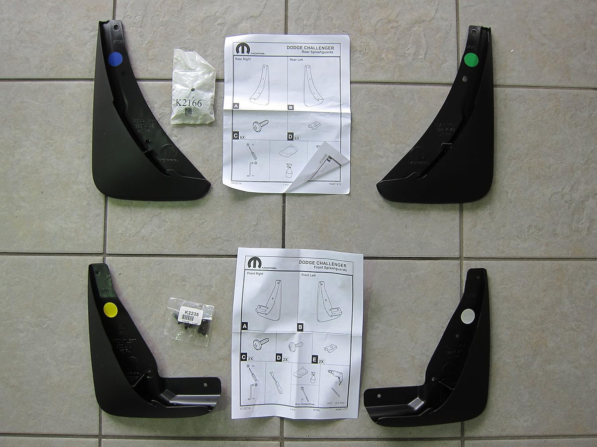 OEM Mopar Splash Guards for Dodge Challenger, Front and Rear Installation, Driver and Passenger Sides, Set of 4