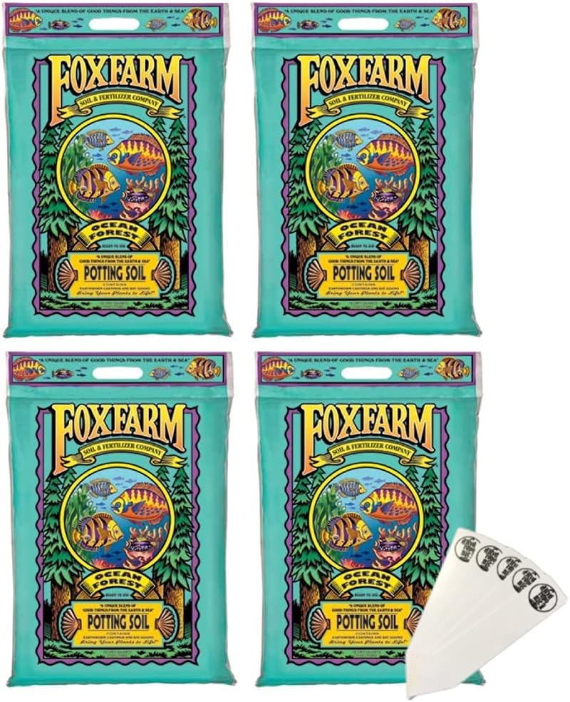FoxFarm Ocean Forest Potting Soil Mix, 12 Quarts in a 4-Pack, for Indoor & Outdoor Gardens and Plants, with The Hydroponic City Stake