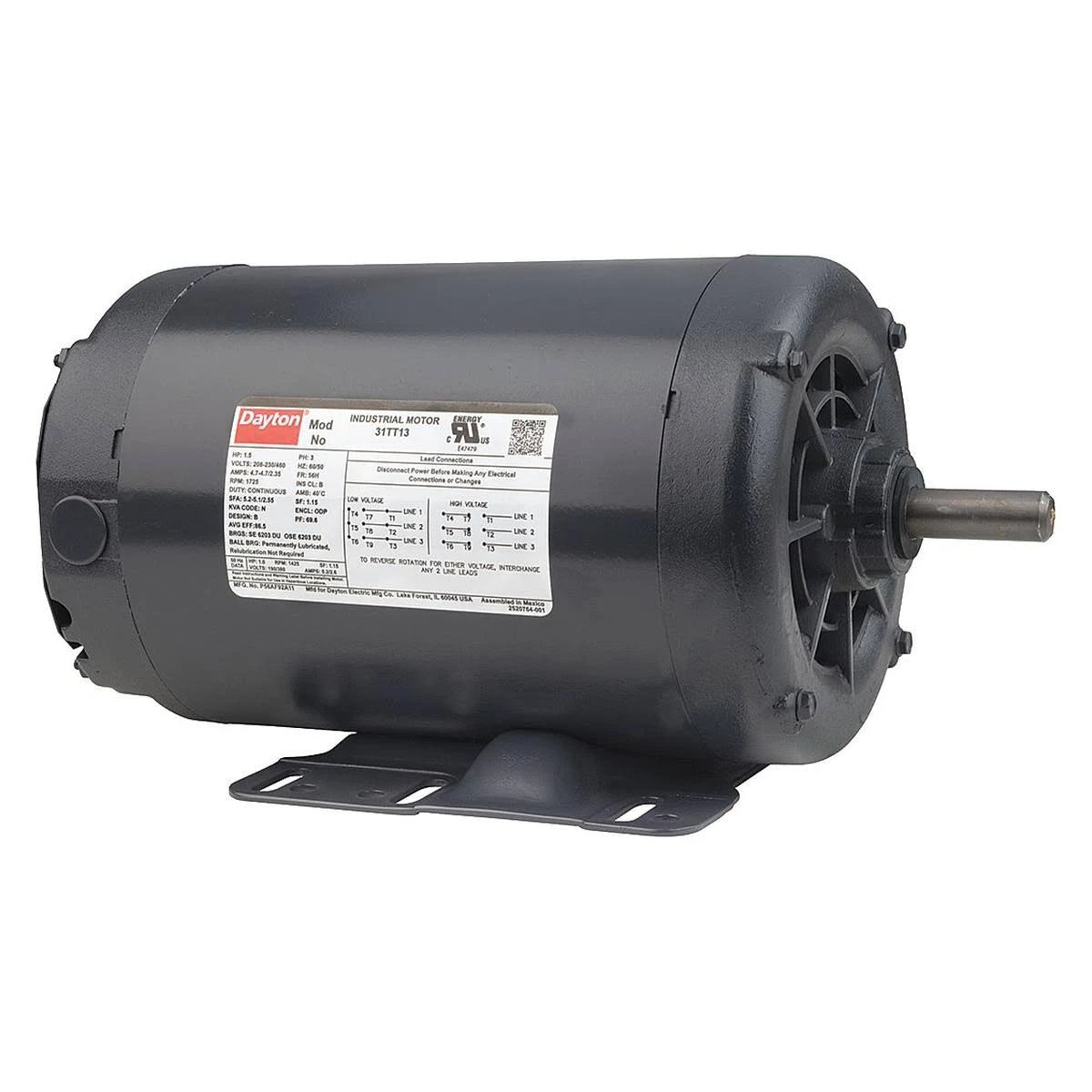 Dayton 31TT22 Three-Phase Motor, 2 HP, 1725 RPM, 208-230/460V, EFF 86.5