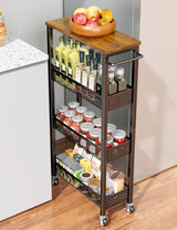 4-Tier Slim Rolling Storage Cart with Wood Top and Metal Frame, Narrow Mobile Organizer with Handle for Kitchen, Laundry Room, Bathroom or Other Tight Spaces