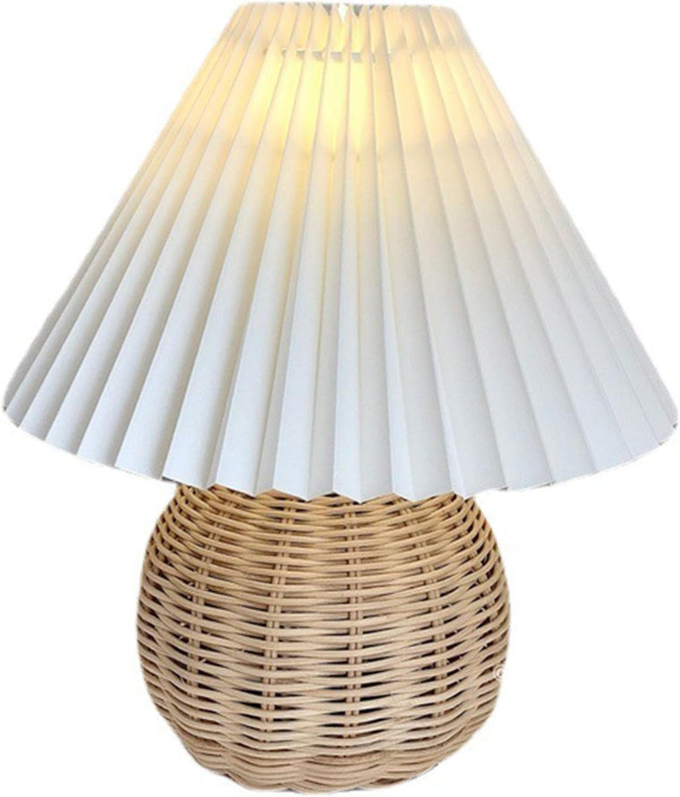 Rattan Pleated Table Lamp with Vintage Aesthetic, Compact Bedside or Nightstand Light for Bedroom, Living Room, or Side Table