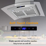 FIREGAS 36-Inch Island Range Hood with 450 CFM Ventilation, Chimney, Tempered Glass, 4 LED Lights, 3-Speed Touch Control, Permanent and Charcoal Filters