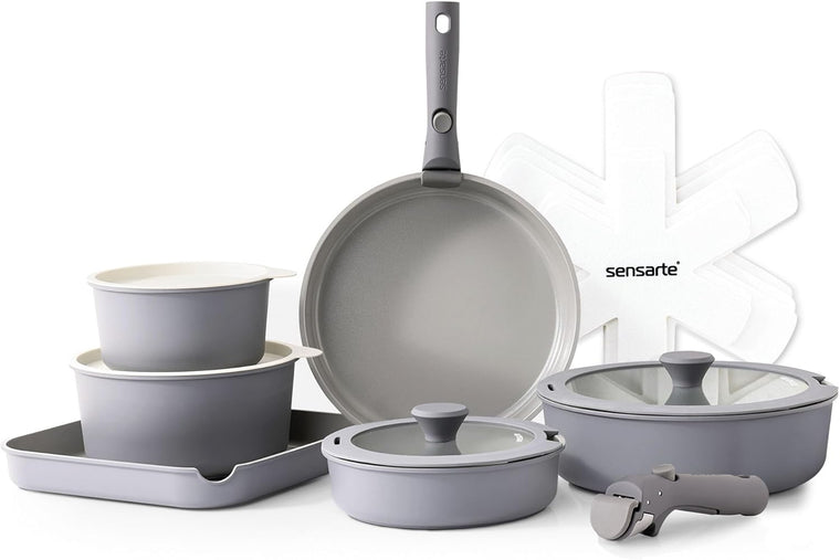 SENSARTE 17-Piece Nonstick Ceramic Cookware Set with Removable Handles, Induction Compatible Pots and Pans, Dishwasher and Oven Safe, Gray