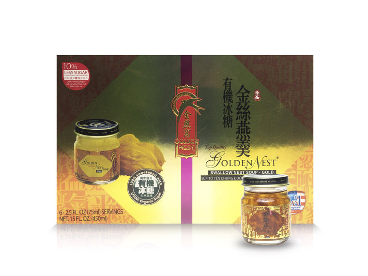 Golden Nest Birds (Swallows) Nest Soup with Original Rock Sugar, 1 Box of 6 Bottles, 75ml Each