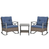 Outsunny 3-Piece Wicker Bistro Set with Rocking Chairs and Cushions, Dark Blue
