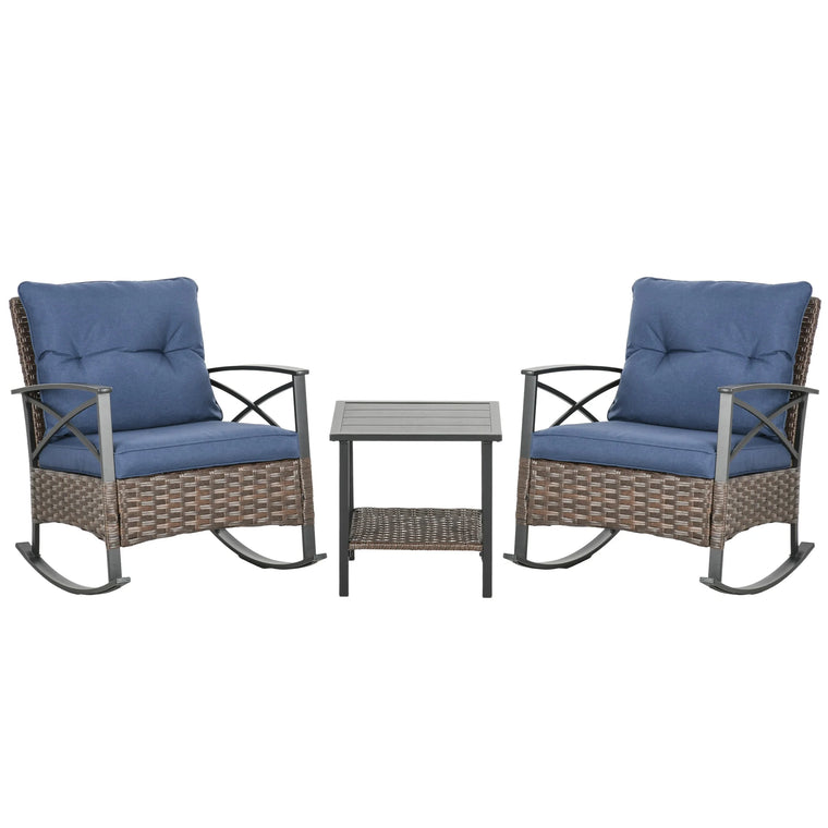 Outsunny 3-Piece Wicker Bistro Set with Rocking Chairs and Cushions, Dark Blue