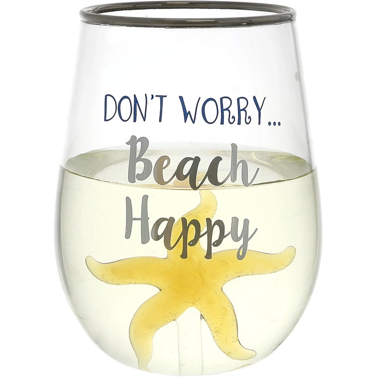 Beach Happy Starfish Stemless Wine Glass, 19 oz with 3-D Figurine