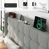 Dark Gray Queen Upholstered Platform Bed with Modern Wingback Storage Headboard, Charging Station and Solid Wood Slats, No Box Spring Required