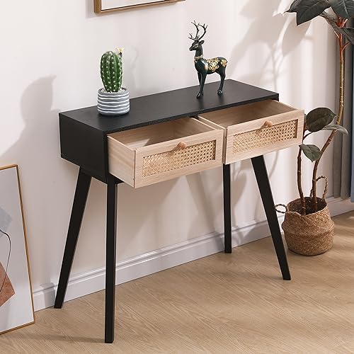 31′′ Rattan Console Table with Farmhouse Wood Design, Narrow Entryway Sofa Table for Hallway, Foyer or Office, Also Styled as a Vanity Desk or Dresser, Black