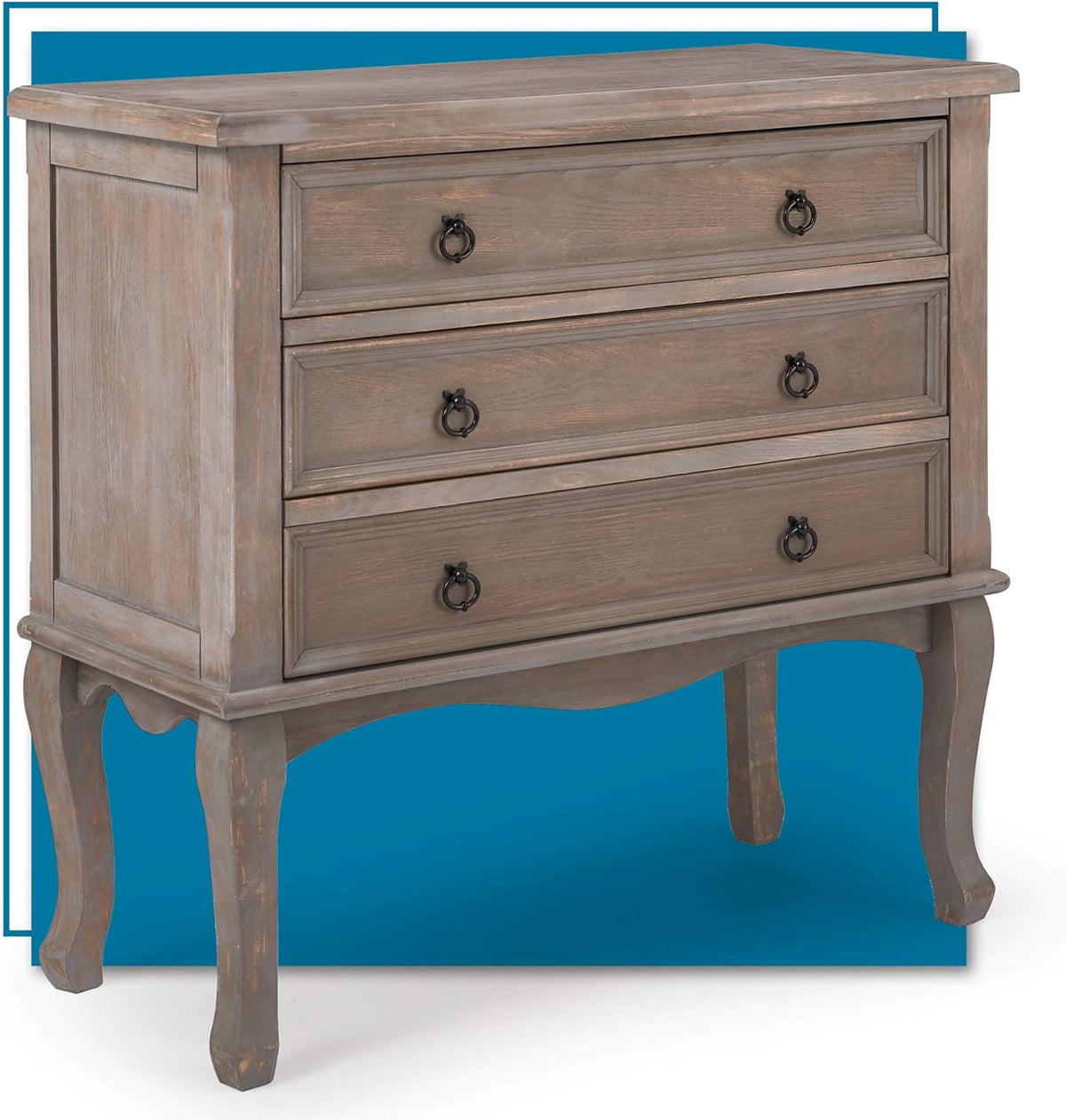 ClickDecor Thomas Antique Country-Style Dresser with 3 Drawers, Curved Legs and Black Ring Handles, Weathered Gray Wood Accent Furniture
