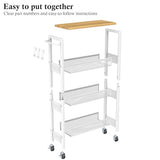 4-Tier Slim Rolling Storage Cart with Wood Top and Metal Frame, Narrow Mobile Organizer with Handle for Kitchen, Laundry Room, Bathroom or Other Tight Spaces