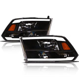 Alpha Owls 8710401 Crystal Headlights with Switchback Sequential LED Light Bar and Startup Light, Black and Amber, Fits 2009-2018 Dodge Ram 1500, 2500 and 3500 and 2019-2023 Classic Halogen Models