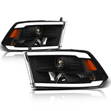 Alpha Owls 8710401 Crystal Headlights with Switchback Sequential LED Light Bar and Startup Light, Black and Amber, Fits 2009-2018 Dodge Ram 1500, 2500 and 3500 and 2019-2023 Classic Halogen Models