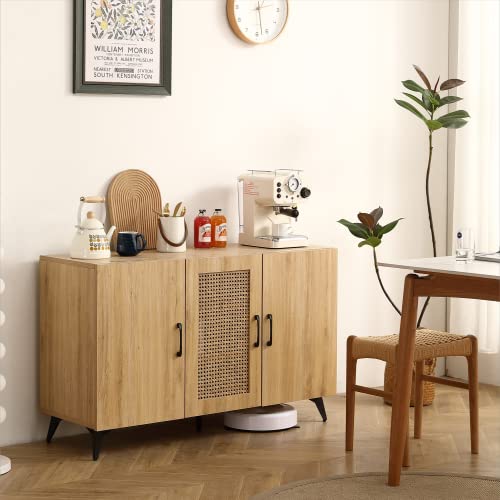 45in Sideboard Buffet Cabinet with Rattan Mesh Doors, Melamine Storage, Carbon Steel, and Engineered Wood Frame for Dining or Bedroom