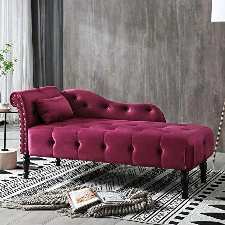 TJUNBOLIFE 60-Inch Grey Velvet Chaise Lounge with Tufted Upholstery, Rolled Arms, Nailhead Trim, and Pillow for Bedroom, Living Room, or Office