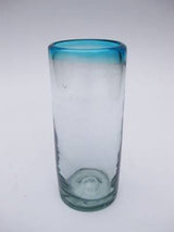 Mexican Blown Glass Highball Glasses with Aqua Blue Rim, Set of 6