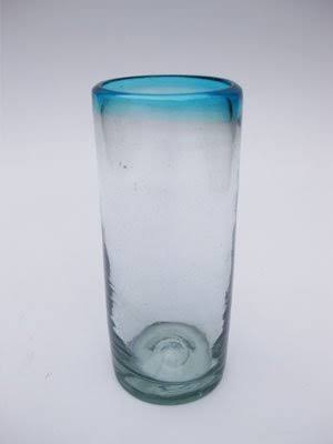 Mexican Blown Glass Highball Glasses with Aqua Blue Rim, Set of 6