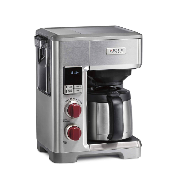 Wolf Gourmet 10-Cup Coffee Maker with Water Filtration, Stainless Steel Finish and Red Knob