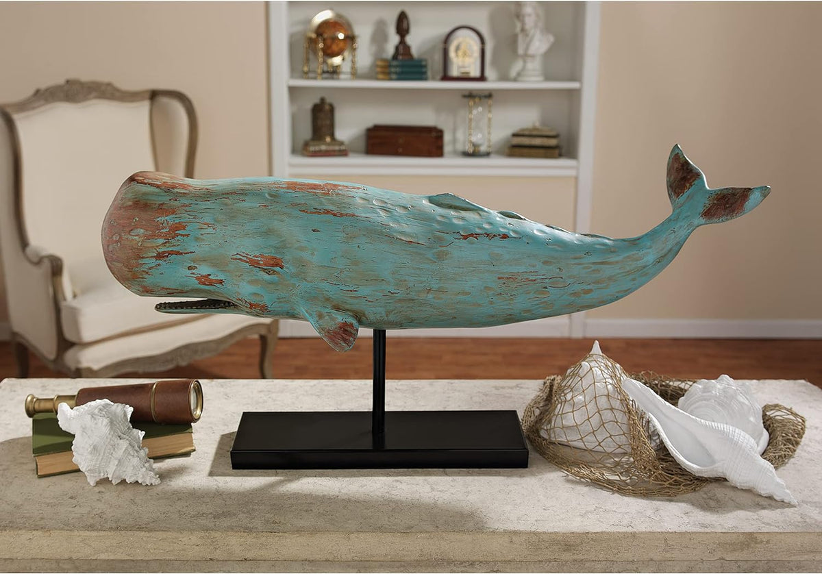 Design Toscano SD1120725 Folk Art Faux Wood Whale Statue with Display Stand, 30 Inch, Blue