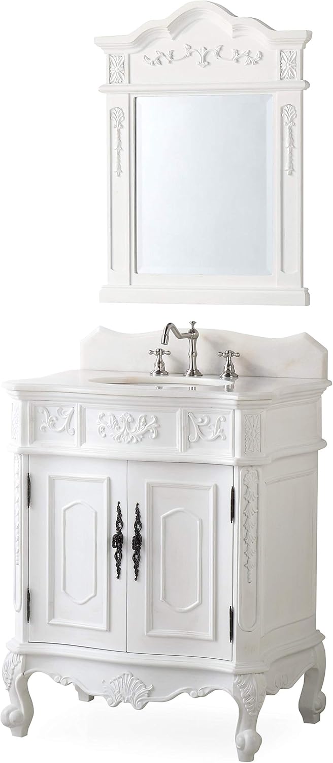 Ellenton 30.75-Inch Antique-Style Bathroom Vanity and Mirror Set, White, HF-080W-AW-BS-MIR