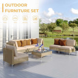 Grand patio 7-Piece Boho Wicker Conversation Set in Cream, Featuring a Sectional Sofa, Water-Resistant Thick Cushions, and Coffee Table