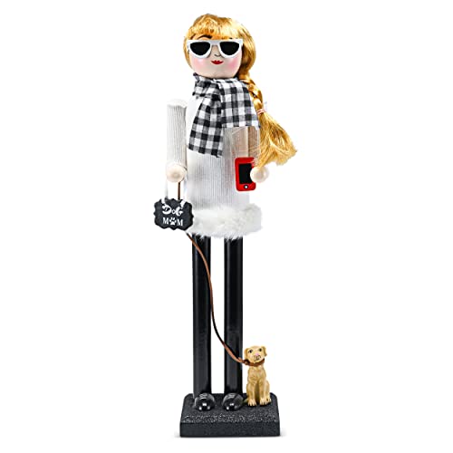 Ornativity Christmas Dog Mom Nutcracker, 15 in, White and Black Wooden Woman with Dog on Leash and Smartphone, Holiday Decoration