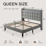 Dark Gray Queen Upholstered Platform Bed with Modern Wingback Storage Headboard, Charging Station and Solid Wood Slats, No Box Spring Required