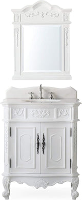 Ellenton 30.75-Inch Antique-Style Bathroom Vanity and Mirror Set, White, HF-080W-AW-BS-MIR