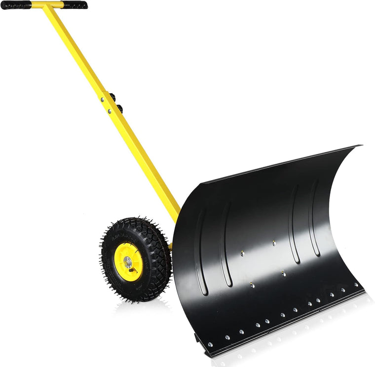 Outvita Wheeled Snow Plow Shovel with 29-Inch Wide by 18-Inch Long Blade, Adjustable Angle and Height, Padded Handle for Driveways and Pavement, Yellow