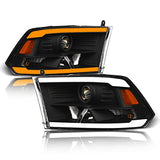 Alpha Owls 8710401 Crystal Headlights with Switchback Sequential LED Light Bar and Startup Light, Black and Amber, Fits 2009-2018 Dodge Ram 1500, 2500 and 3500 and 2019-2023 Classic Halogen Models