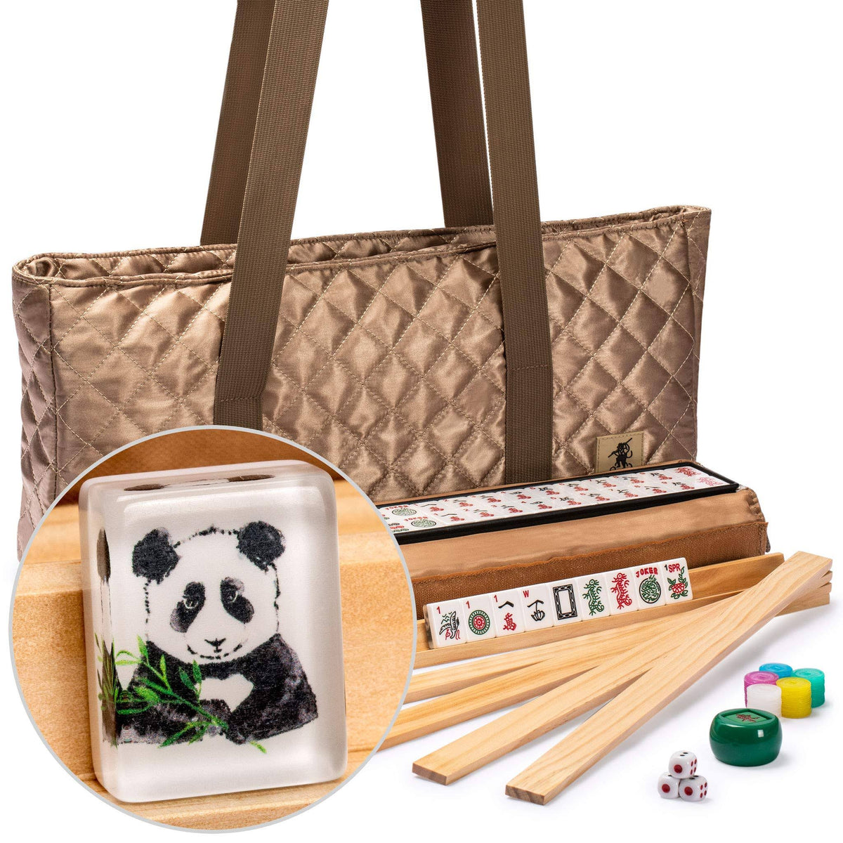 Yellow Mountain Imports American Mahjong Set with Panda Tiles and Tawny Brown Fabric Case, 4 All-in-One Racks with Pushers and Dice