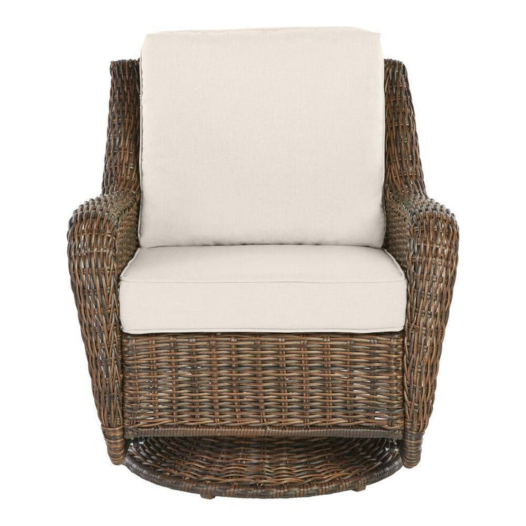 Hampton Bay Cambridge Outdoor Swivel Rocking Chair with Brown Wicker Finish and CushionGuard Almond Tan Cushions