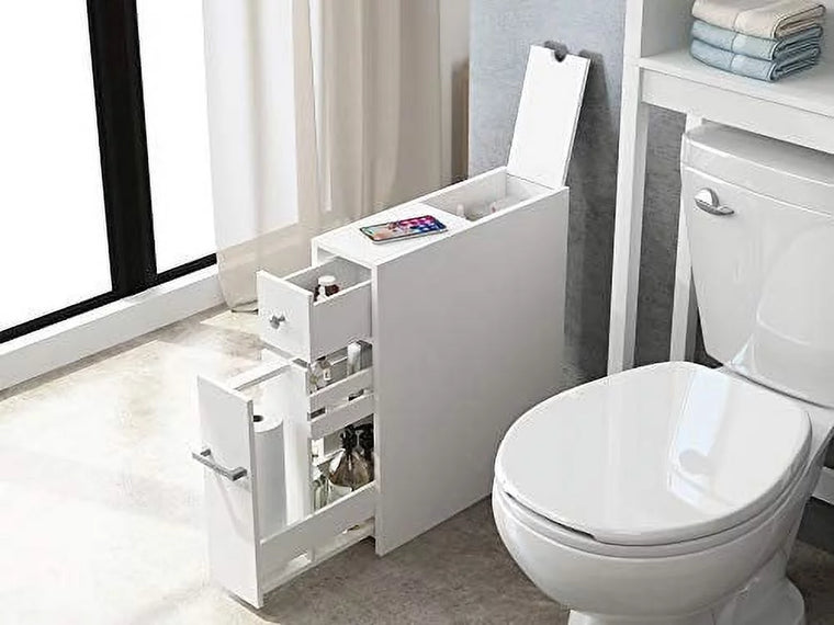 Spirich Home Slim White Bathroom Storage Cabinet with Slide-Out Drawer and Freestanding Toilet Paper Holder