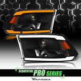Alpha Owls 8710401 Crystal Headlights with Switchback Sequential LED Light Bar and Startup Light, Black and Amber, Fits 2009-2018 Dodge Ram 1500, 2500 and 3500 and 2019-2023 Classic Halogen Models