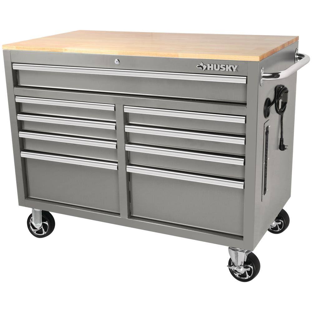 Husky 46 in. Mobile Tool Chest Workbench with 9 Drawers, 24.5 in. Deep Gloss Gray Cabinet and Hardwood Top
