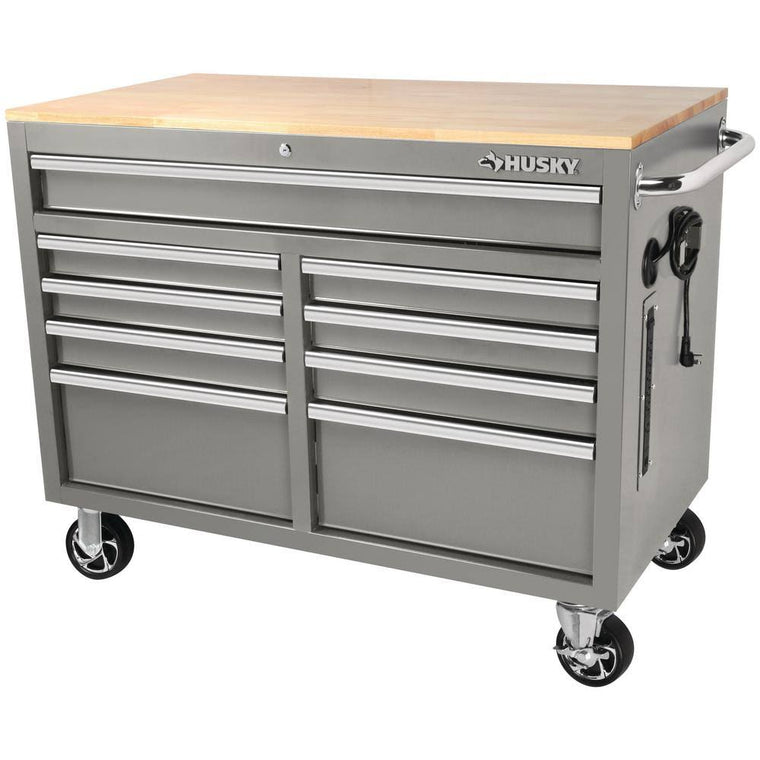 Husky 46 in. Mobile Tool Chest Workbench with 9 Drawers, 24.5 in. Deep Gloss Gray Cabinet and Hardwood Top