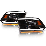 Alpha Owls 8710401 Crystal Headlights with Switchback Sequential LED Light Bar and Startup Light, Black and Amber, Fits 2009-2018 Dodge Ram 1500, 2500 and 3500 and 2019-2023 Classic Halogen Models