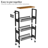4-Tier Slim Rolling Storage Cart with Wood Top and Metal Frame, Narrow Mobile Organizer with Handle for Kitchen, Laundry Room, Bathroom or Other Tight Spaces