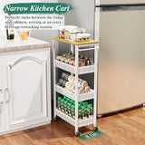 4-Tier Slim Rolling Storage Cart with Wood Top and Metal Frame, Narrow Mobile Organizer with Handle for Kitchen, Laundry Room, Bathroom or Other Tight Spaces