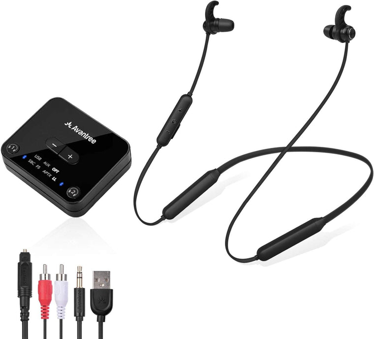 Avantree HT4186 Wireless TV Headphones and Neckband Earbuds with Bluetooth Transmitter, Compatible with Optical Digital Audio, RCA and 3.5mm Aux TVs