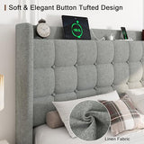 Dark Gray Queen Upholstered Platform Bed with Modern Wingback Storage Headboard, Charging Station and Solid Wood Slats, No Box Spring Required