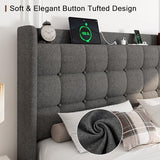 Dark Gray Queen Upholstered Platform Bed with Modern Wingback Storage Headboard, Charging Station and Solid Wood Slats, No Box Spring Required