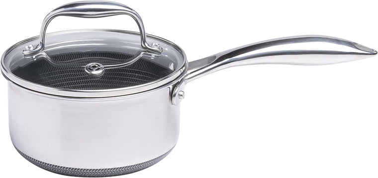 HexClad 1 Quart Hybrid Saucepan with Glass Lid, Nonstick Interior, Dishwasher & Oven Safe for Sauces, Soups, Stocks and Grains