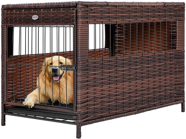 DEStar Heavy-Duty PE Rattan Wicker Dog Crate, Indoor/Outdoor Puppy Shelter with Removable Tray and UV-Resistant Cover