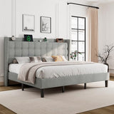 Dark Gray Queen Upholstered Platform Bed with Modern Wingback Storage Headboard, Charging Station and Solid Wood Slats, No Box Spring Required