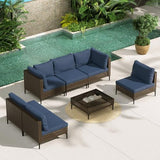 Grand patio 7-Piece Boho Wicker Conversation Set in Cream, Featuring a Sectional Sofa, Water-Resistant Thick Cushions, and Coffee Table